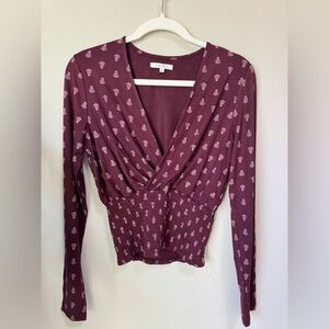 Z SUPPLY Burgundy floral print top with a surplice neckline and a smocked waist.